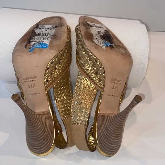 Miu Miu Gold Metallic Braided Leather Open Toe Slingback Sandals Size 37.5 EUC - Picture 8 of 15
